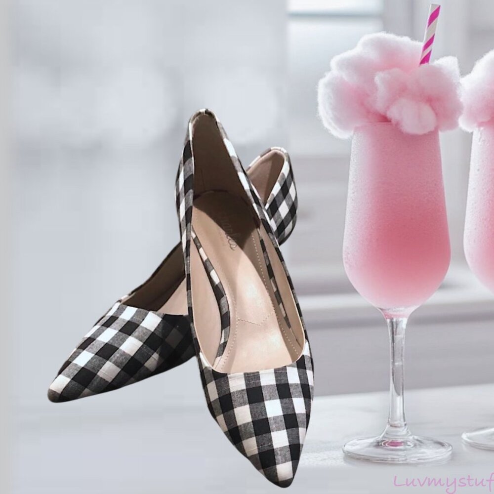 Cute Charles David Black and White Check Plaid Kitten Heel Pumps - Picture 6 of 12